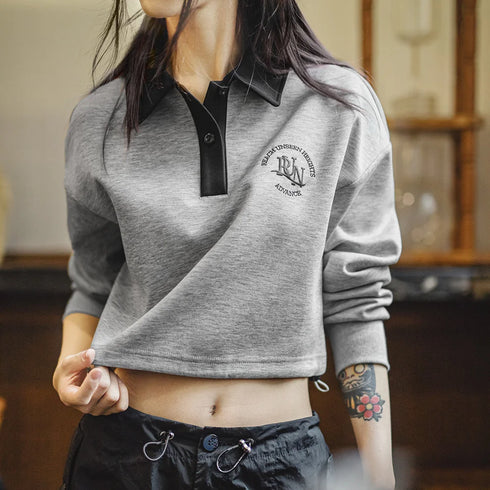 Premium Women's Retro Polo Sweatshirt – Embroidered Crop Pullover for Sporty Streetwear Looks